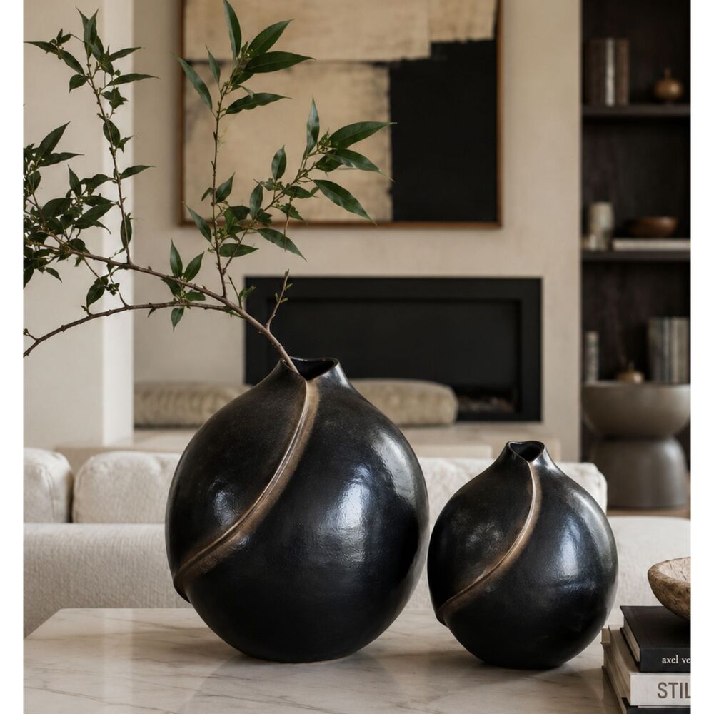 Handcrafted Metal Vase 2 | Black Sculptural Round Vases | Modern Home Decor
